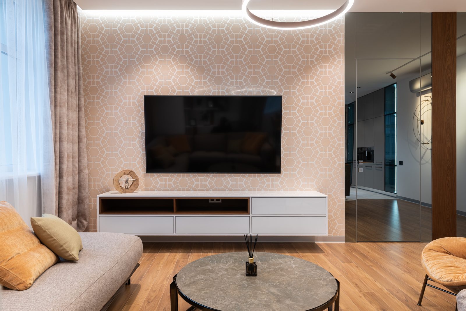 Open living and dining interior at Sumathee Enclave by Viona Interiors