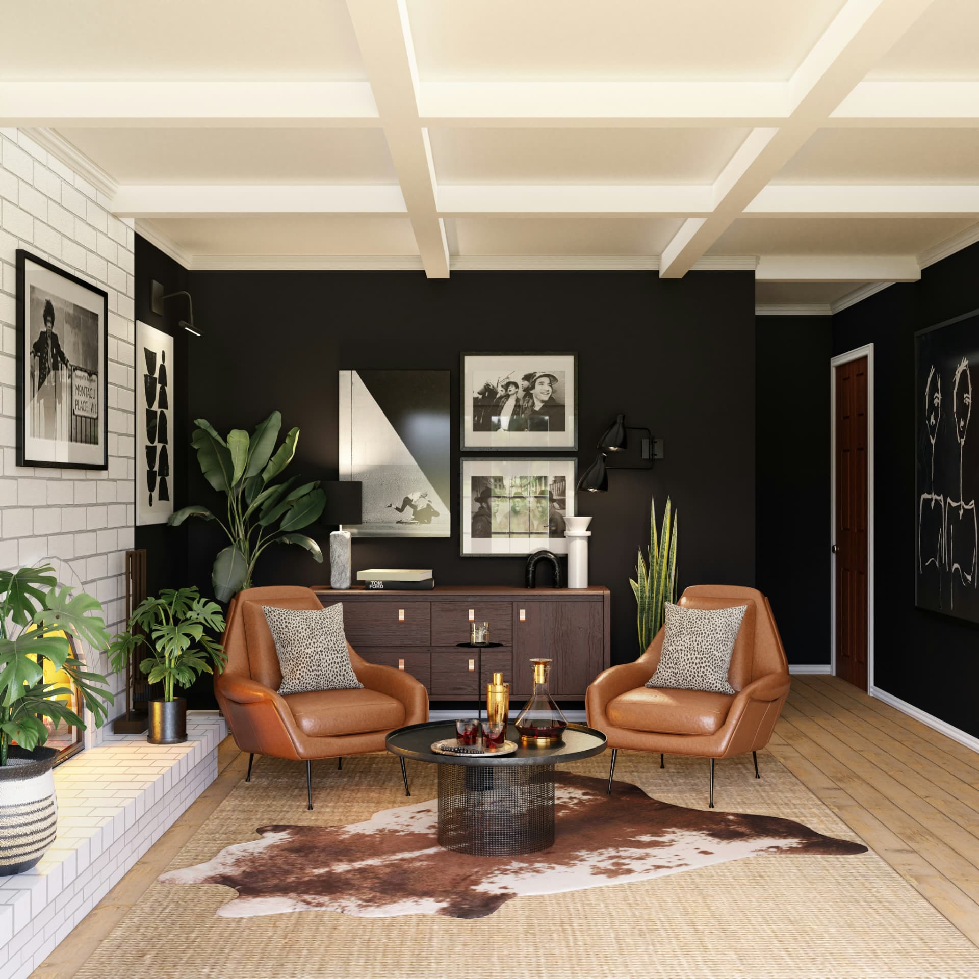 Contemporary lounge with black walls, leather chairs and curated artwork