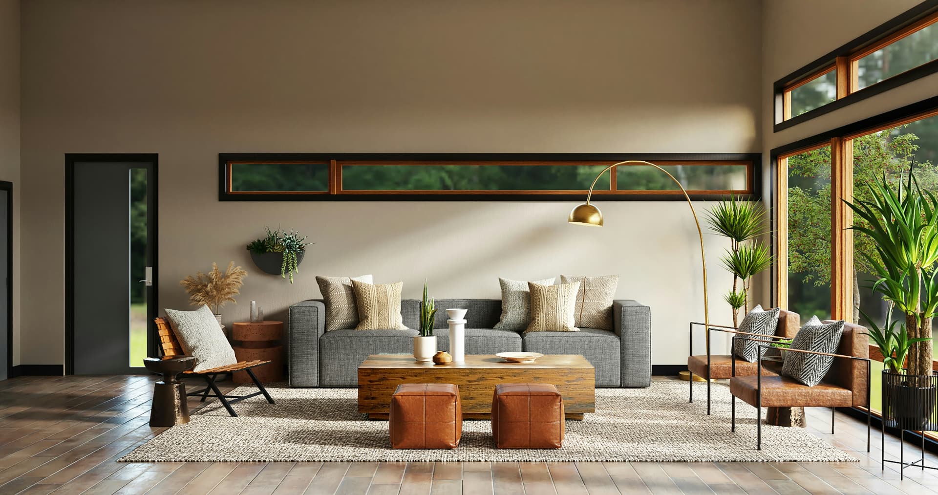 Warm contemporary living room with natural wood and garden views