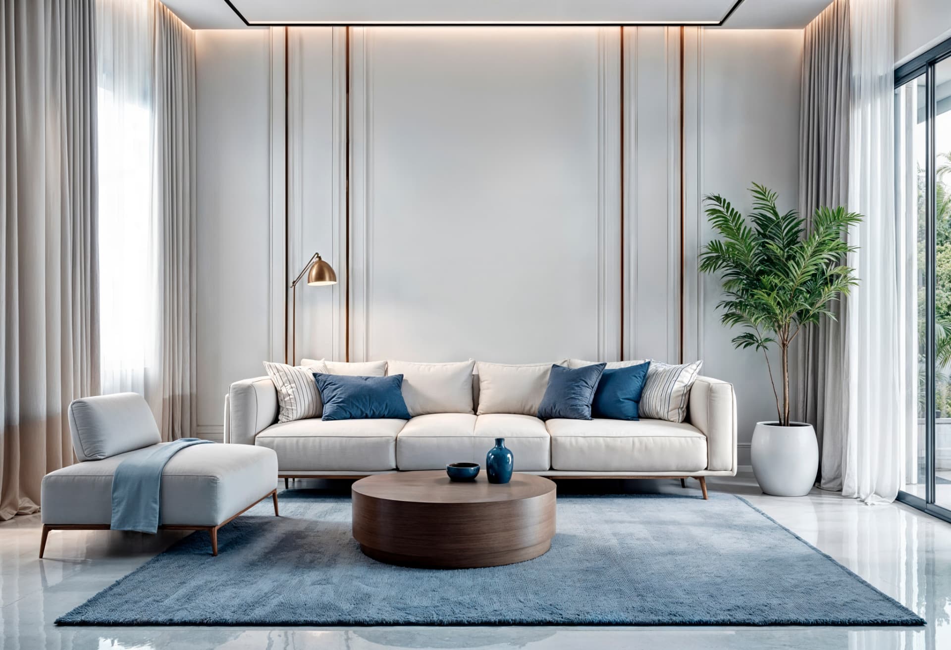 Light contemporary living room with blue accents and brass details