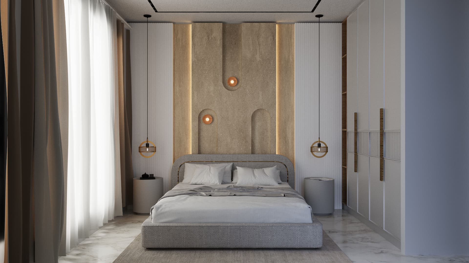 Serene contemporary bedroom with warm feature lighting