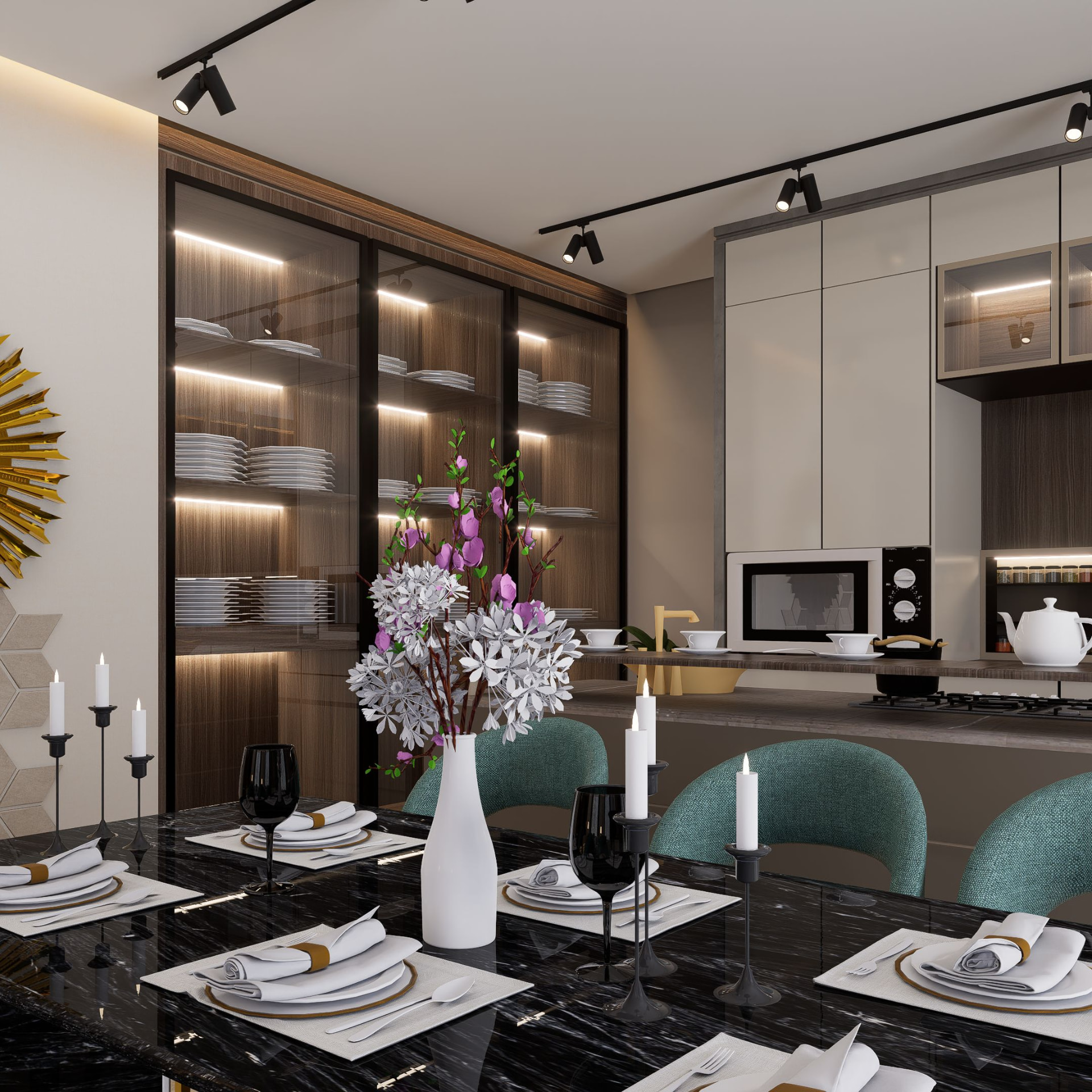 Elegant dining and kitchen interior with illuminated display cabinetry